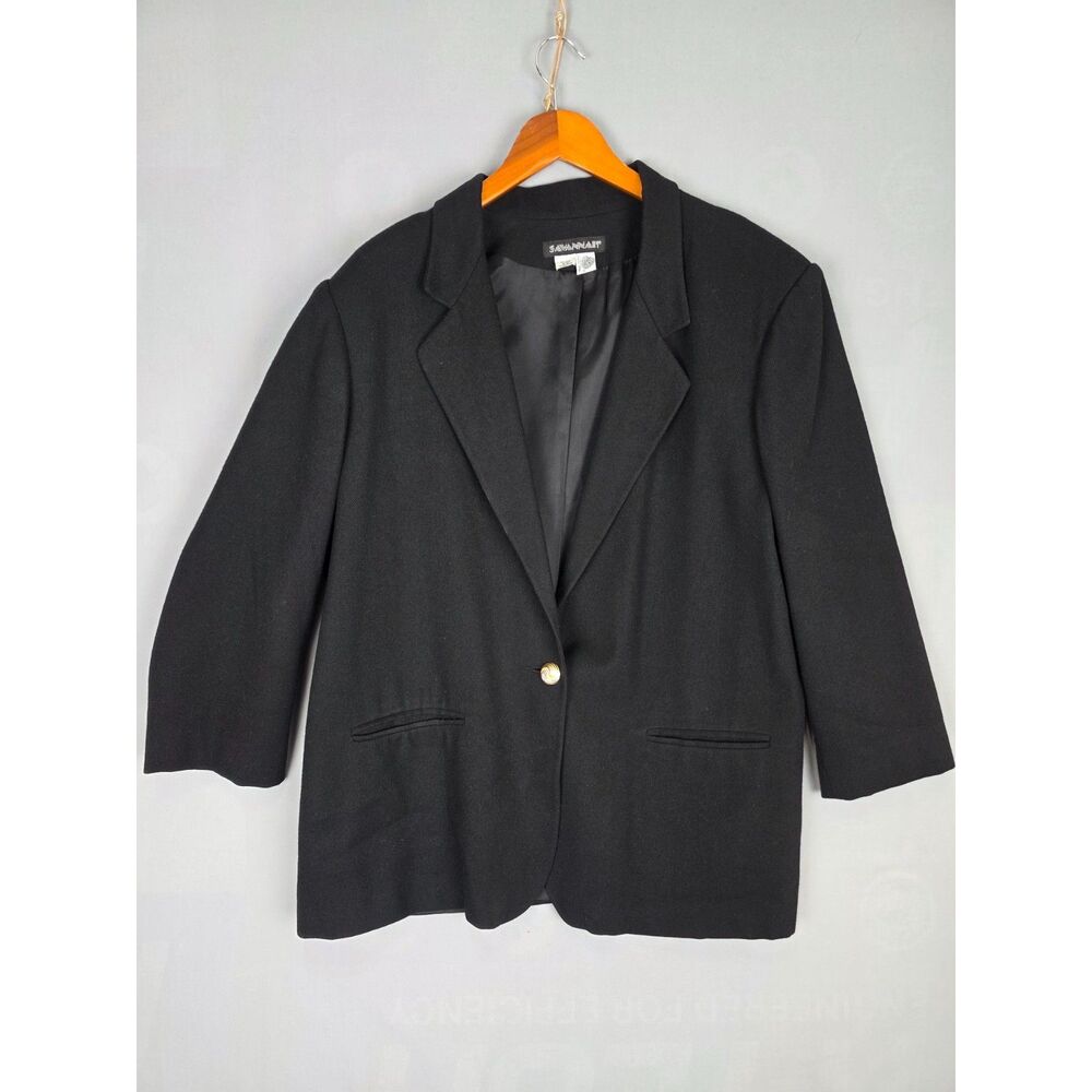 Vintage Savannah 100% Wool Blazer Size 20 Black One Button Gold Woolmark Office